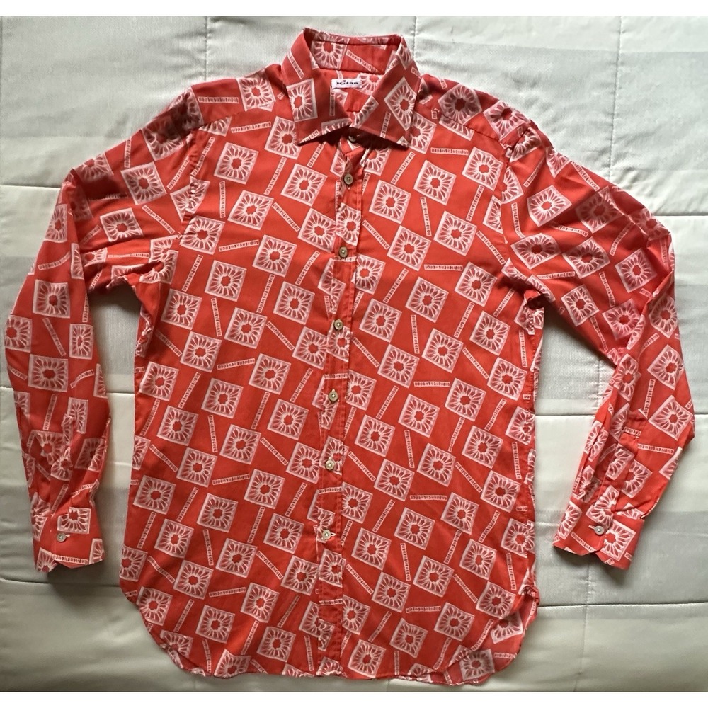 Kiton Napoli Shirt Men 16.5 Orange Geometric Sunburst Hand Tailored Italy L READ